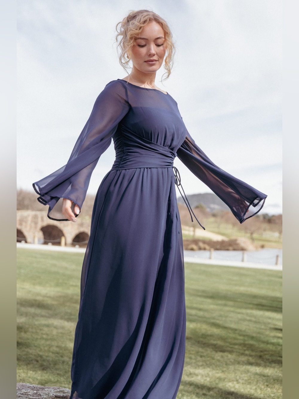 Petal & Pup Navy Long-Sleeve Chiffon Wrap Maxi Gown